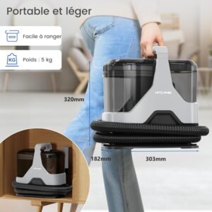 Kitcanis Shampouineuse 600W 78dB 15KPa Nettoyeur Canapé Tissu apporter 4 Tête de Remplacement pour Tapis, Moquettes, Meubles, Tissus, Poils d’animaux, Voiture & Plus Encore